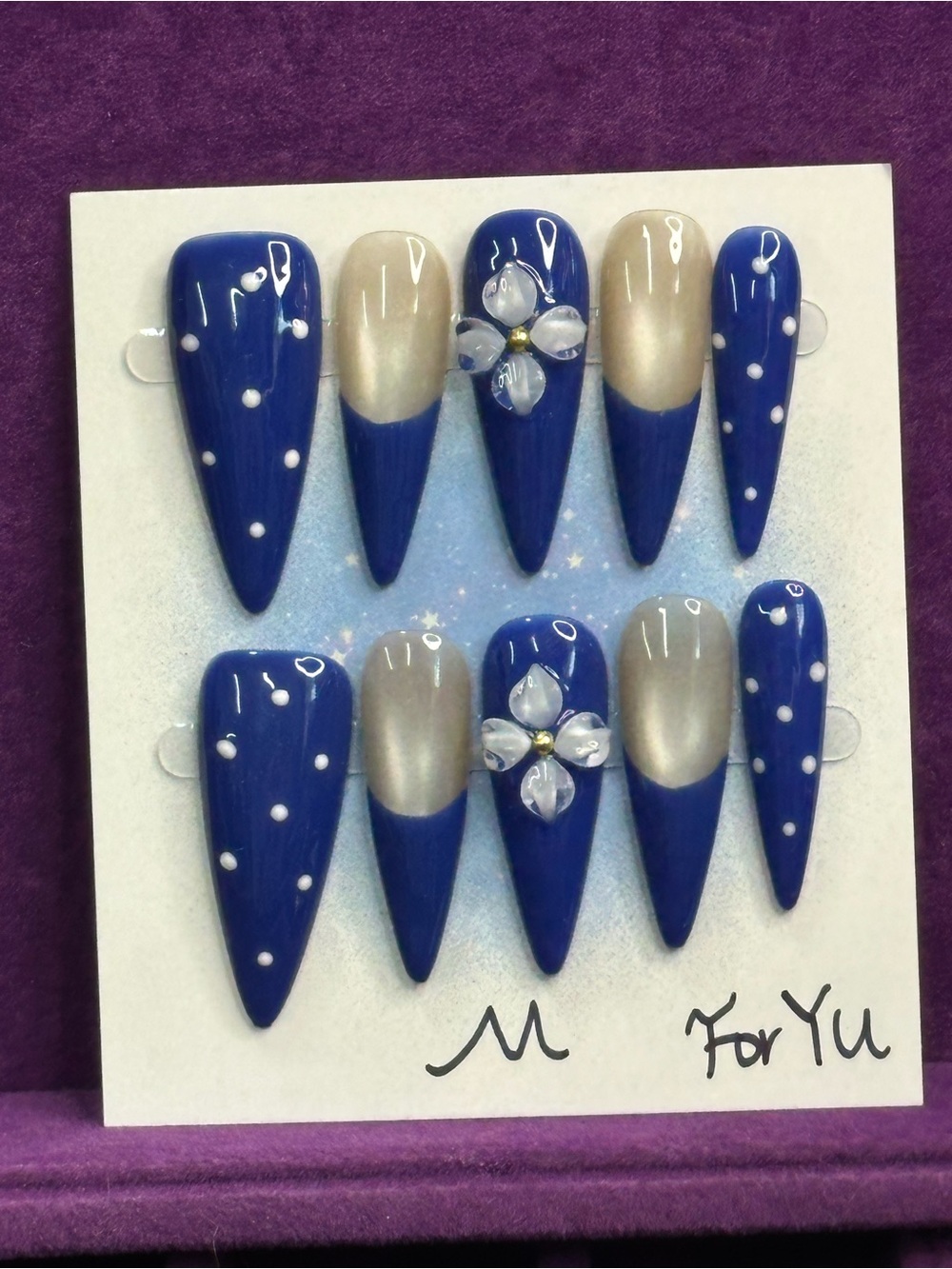 Blue and Champagne Stiletto Press-On Nails with Floral Accent